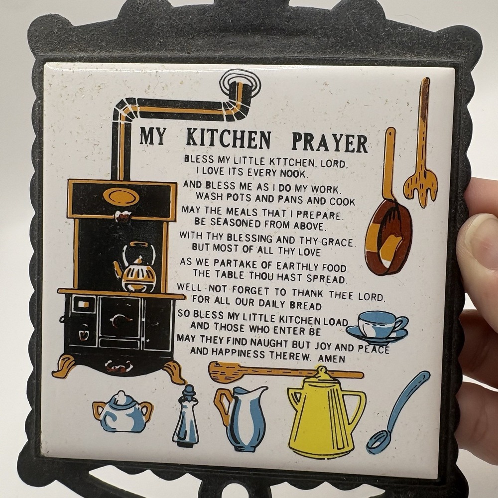 Vintage My Kitchen Prayer Tile Trivet on Cast Iron, Wall Hanging - Picture 2 of 4